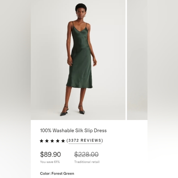 Quince 100% Silk Slip Dress. Deep Green. Medium. Washable. Perfect Condition. - Picture 4 of 16